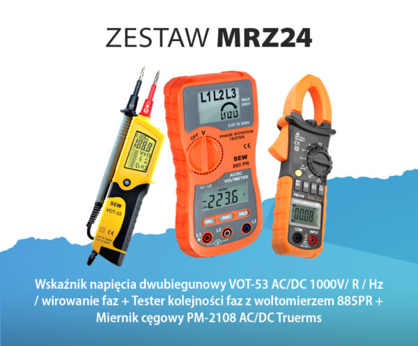 Zestaw MRZ24: Walizkowy elektryka (wskaźnik, miernik cęgowy, tester kolejności faz)